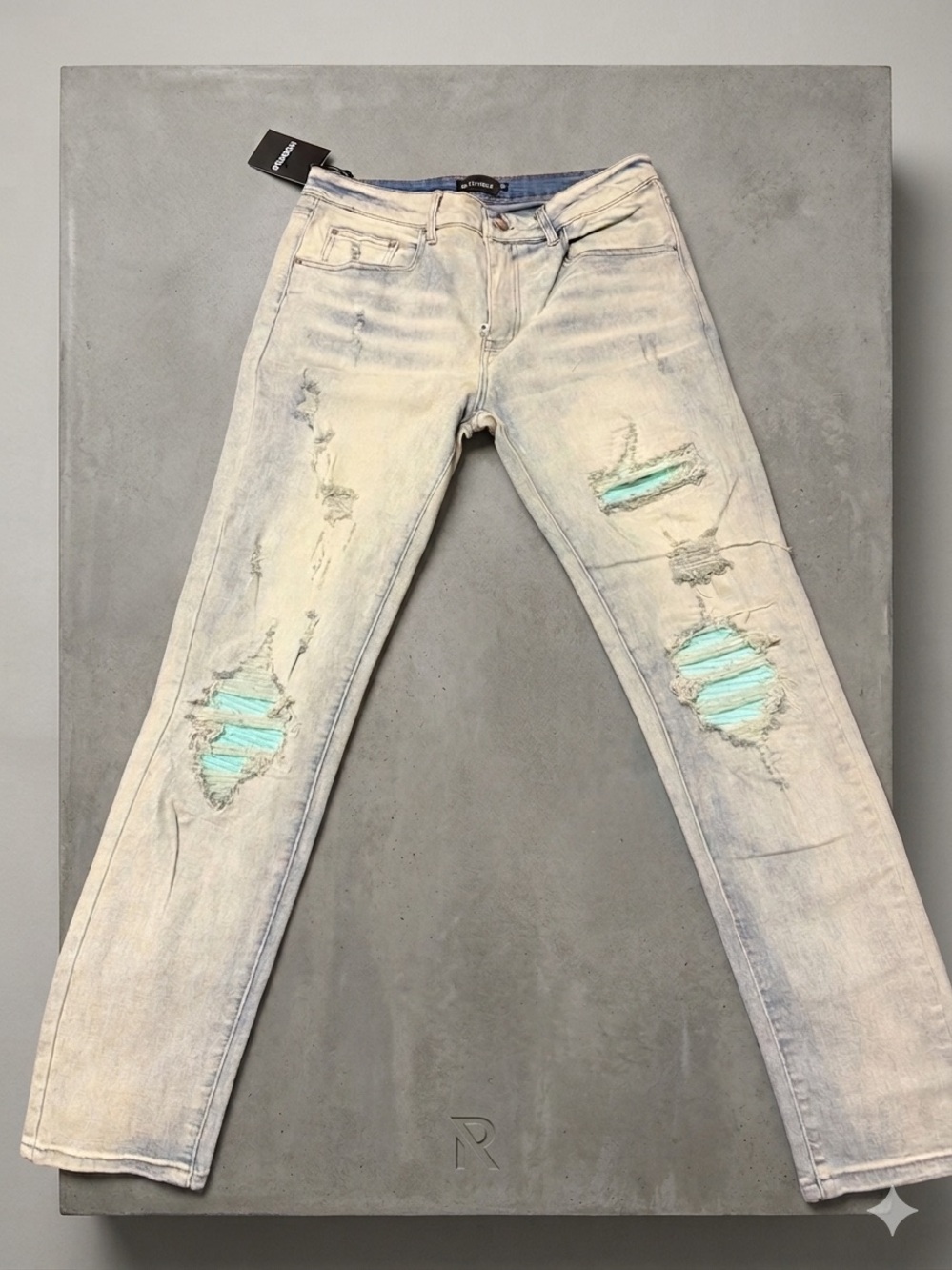 Slim Fit Distressed Light Blue Jeans with Teal Patch Details - Men